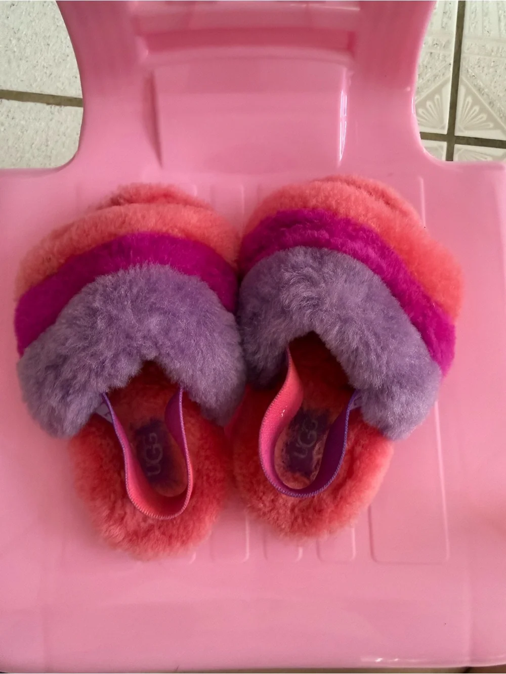 UGG Kids Pink, Purple & Coral Fluffy Slide Slippers